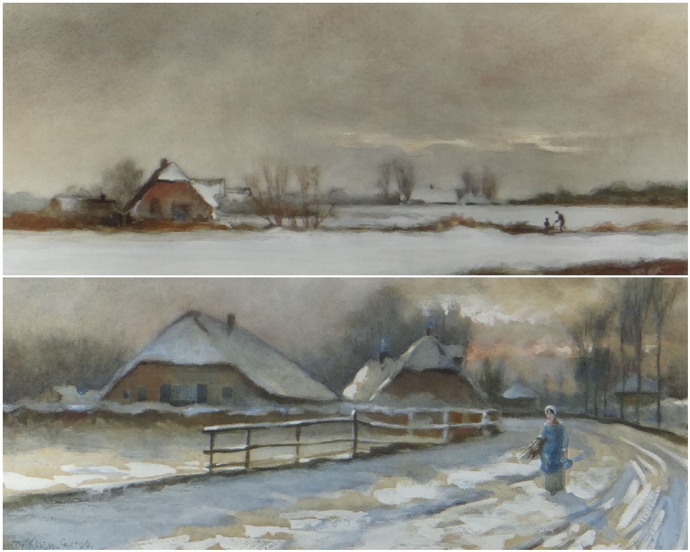 HENDRIK KLIJN (Dutch, 1860-1929) watercolours - farmsteads in snow, signed and dated Dec '96, 32 x