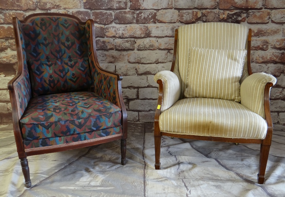 TWO EDWARDIAN MAHOGANY & BOXWOOD STRUNG ARMCHAIRS, one with concealed foldout footstool (2) - Image 2 of 6