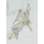 GORDON STUART mixed media - three figures, entitled 'Football, Barcelona', signed, 39 x 29cms