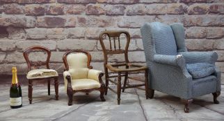 FOUR ASSORTED CHILDRENS / DOLLS CHAIRS, including a blue upholstered armchair (4) Comments: one
