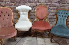 FOUR VICTORIAN WALNUT LADIES CHAIRS, with upholstered backs and seats, turned on cabriole scrolled