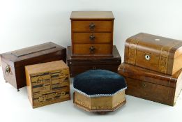 COLLECTION OF BOXES, including burr walnut and metal-inlaid toilette box with silk lined interior,