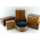 COLLECTION OF BOXES, including burr walnut and metal-inlaid toilette box with silk lined interior,