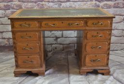 ANTIQUE OAK PEDESTAL DESK, reeded top and uprights, inset leather writing surface, three frieze