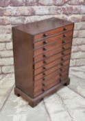 VICTORIAN MAHOGANY COLLECTORS CHEST, fitted ten shallow long drawers with turned handles, bracket