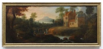 EARLY 19TH CENTURY SCHOOL oil on canvas - landscape with rustic figures gathering wood and washing