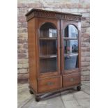 ANGLO-INDIAN STYLE CARVED HARDWOOD CABINET, arched bevel glazed doors, apron drawers, reeded bun