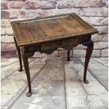 ANTIQUE OAK SIDE TABLE, associated top on base fitted with frieze drawer, cabriole legs, pad feet,