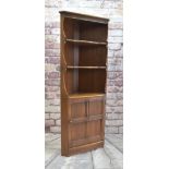 ERCOL ELM STANDING CORNER CABINET, three fixed shelves and panelled cupboard base, 75w x 183.5cms
