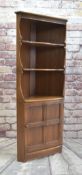 ERCOL ELM STANDING CORNER CABINET, three fixed shelves and panelled cupboard base, 75w x 183.5cms