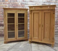 TWO PINE CABINETS, one with glazed doors, the other panelled and with frieze drawer, 133 x 141cms
