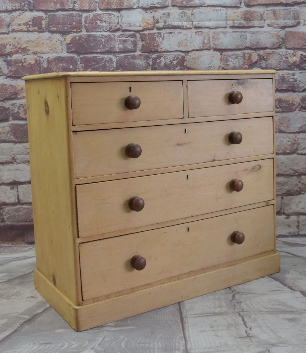 VICTORIAN PINE FIVE-DRAWER CHEST, turned handles, plinth base, 107w x 53d x 98cms h