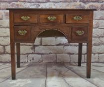 GEORGE III JOINED OAK LOWBOY, boarded top above arrangement of five drawers, under arch, square