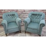 PAIR EARLY 20th CENTURY BUTTON-UPHOLSTERED ARMCHAIRS, in green velour (2)