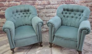 PAIR EARLY 20th CENTURY BUTTON-UPHOLSTERED ARMCHAIRS, in green velour (2)