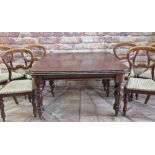 VICTORIAN WALNUT EXTENDING DINING TABLE & CHAIRS, moulded top above gadrooned baluster legs, brass