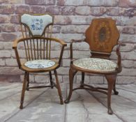 TWO EDWARDIAN OCCASIONAL CHAIRS, one with patera-carved and marquetry back with shepherds crook