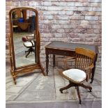 VICTORIAN WALNUT WRITING TABLE, CHAIR & CHEVAL MIRROR, inset top above two frieze drawers, turned