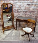 VICTORIAN WALNUT WRITING TABLE, CHAIR & CHEVAL MIRROR, inset top above two frieze drawers, turned