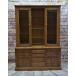 ERCOL ELM NARROW DINING ROOM CABINET, part glazed upper section on cupboard base fitted with four