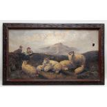 JOHN W. MORRIS (1865-1924) oil on canvas - Highland sheep with shepherd boy and collie, signed, 57 x