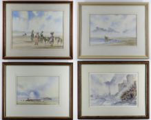 DAVID EVANS watercolours - cocklepickers Llansaint, 32 x 43cms, and three others by the same hand (