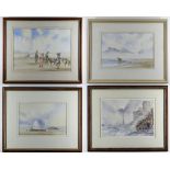 DAVID EVANS watercolours - cocklepickers Llansaint, 32 x 43cms, and three others by the same hand (