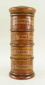 19TH CENTURY FOUR-DIVISION TREEN SPICE TOWER, the stacking turned boxes labelled respectively