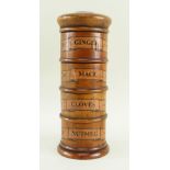 19TH CENTURY FOUR-DIVISION TREEN SPICE TOWER, the stacking turned boxes labelled respectively