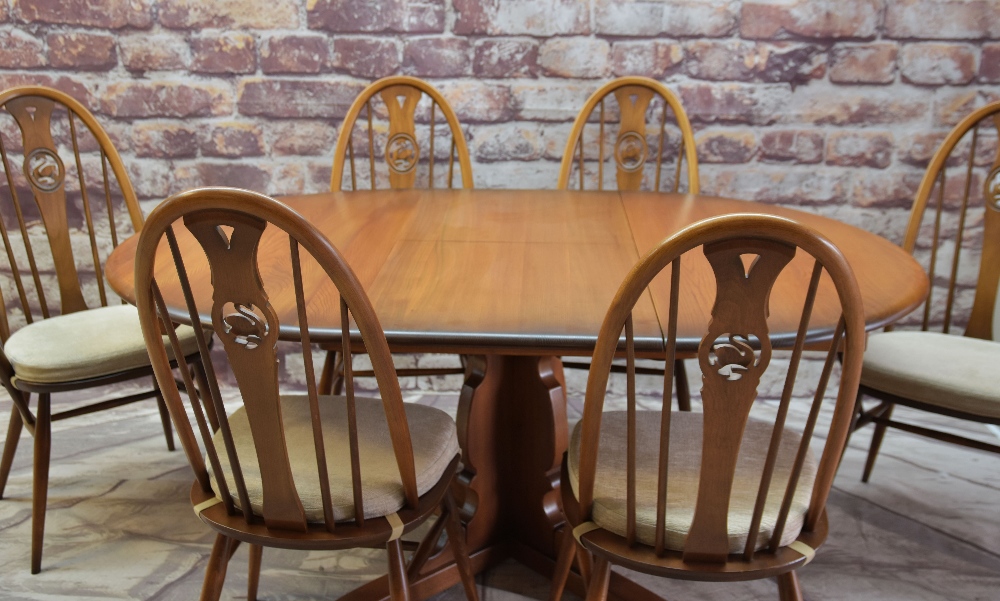 ERCOL CHESTER ELM EXTENDING DINING TABLE & SIX 'SWAN QUAKER' WINDSOR CHAIRS, table with x-column - Image 3 of 4