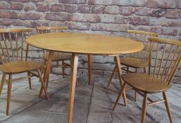 ERCOL '384' BLONDE ELM DROP FLAP DINING TABLE & FOUR '449' WINDSOR CHAIRS (5) Comments: Table top