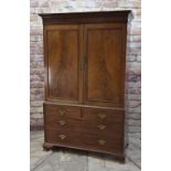 GIII MAHOGANY LINEN PRESS, Carvetto cornice, flame veneered panelled doors enclosing sliding