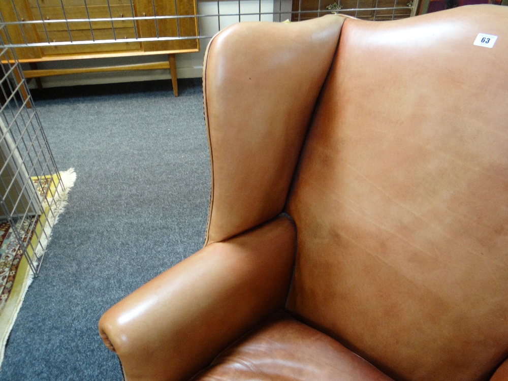 GEORGIAN-STYLE LEATHER WINGBACK ARMCHAIR, close -nailed faded red leather upholstery, claw and - Image 6 of 20