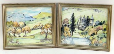 MEGAN JONES ink and wash - pair of paintings depicting mountainous landscape and a castle by a lake,