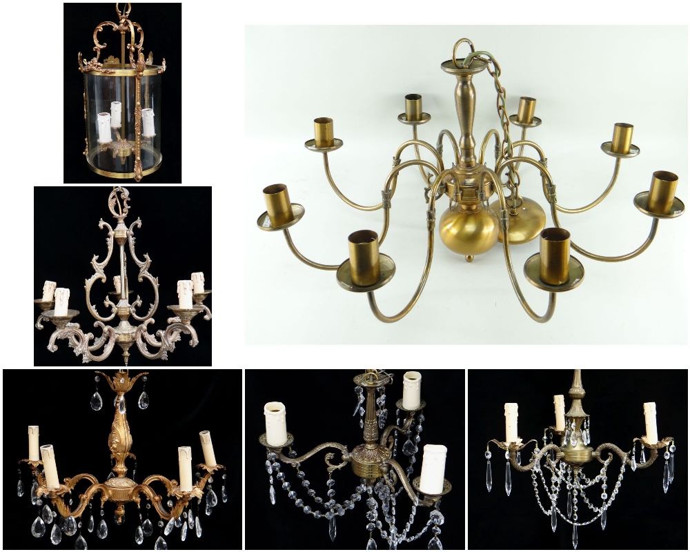 ASSORTED GILT METAL LIGHTING, including a three-light hall lantern, 44cms high, French style five-