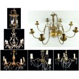 ASSORTED GILT METAL LIGHTING, including a three-light hall lantern, 44cms high, French style five-