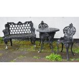 CAST IRON GARDEN FURNITURE, including two-seater bench, circular table and pair of chairs (4)