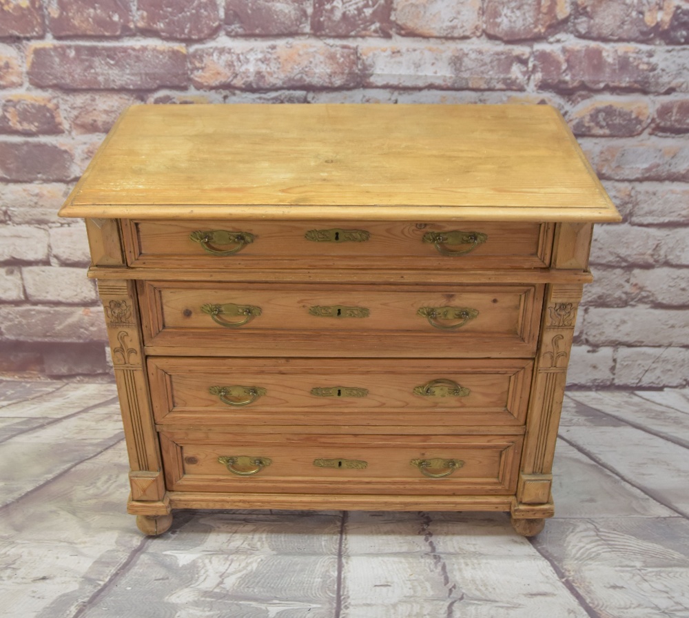 ANTIQUE PINE FOUR-DRAWER COMMODE, with art nouveau handles, moulded drawer fronts, carved - Image 2 of 2