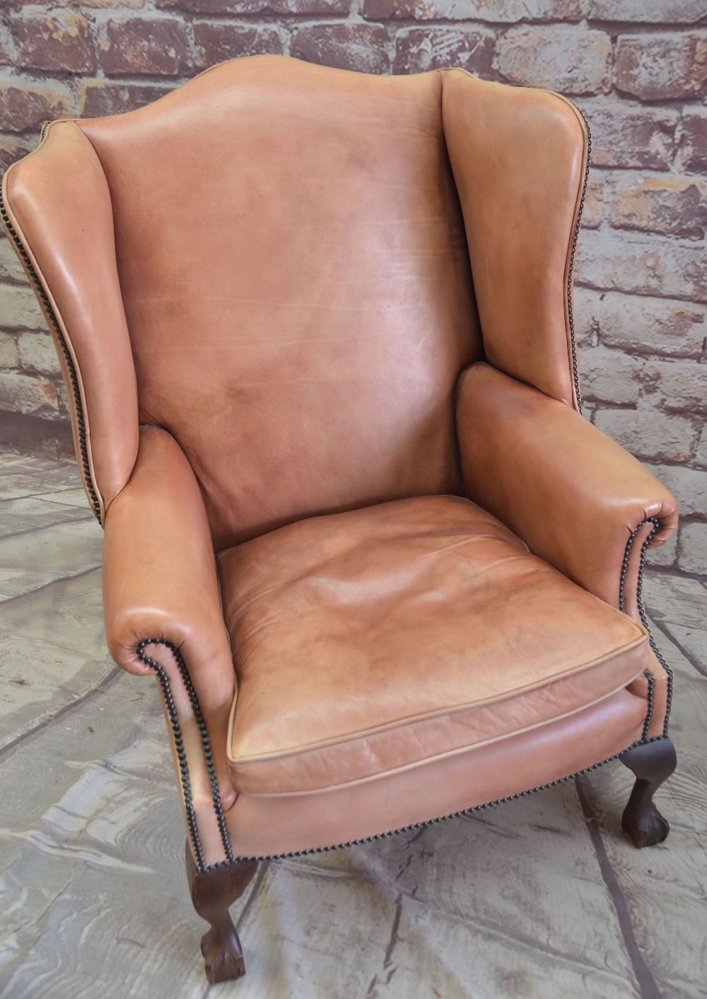 GEORGIAN-STYLE LEATHER WINGBACK ARMCHAIR, close -nailed faded red leather upholstery, claw and - Image 2 of 20