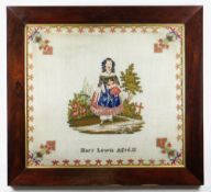 VICTORIAN BERLIN WOOLWORK EMBROIDERY depicting a girl holding a doll, foliate spandrels and