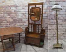 EARLY 20TH CENTURY OAK HALL STAND, GATELEG TABLE & STANDARD LAMP, hall stand with mirror, hinged