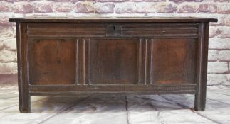 18TH CENTURY JOINED OAK COFFER, panelled top and sides with moulded muntins, 152w x 59.5d x 71.