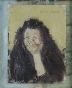 GORDON STUART oil on paper laid to board - head portrait of a girl with hand over mouth, signed,