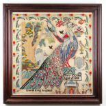 VICTORIAN WELSH WOOLWORK EMBROIDERY depicting peacock birds, flowers etc., and legend 'Gwell dysg na