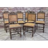 SET OF CAROLEAN STYLE CARVED OAK & CANED DINING CHAIRS, foliate cresting rails, lunette carved