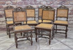 SET OF CAROLEAN STYLE CARVED OAK & CANED DINING CHAIRS, foliate cresting rails, lunette carved