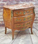 LOUIS XV-STYLE MARQUETRY & METAL MOUNTED SERPENTINE COMMODE with veined rouge marble top, fitted