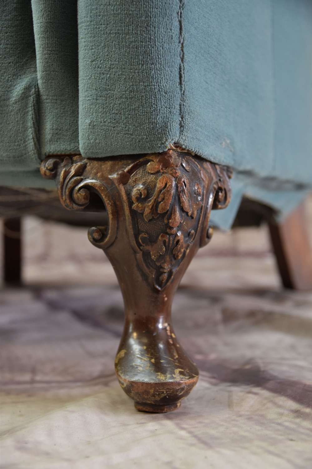 PAIR EARLY 20th CENTURY BUTTON-UPHOLSTERED ARMCHAIRS, in green velour (2) - Image 2 of 2