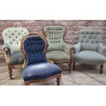 FOUR VICTORIAN BUTTON-UPHOLSTERED ARMCHAIRS, two in walnut with striped and navy upholstery, third