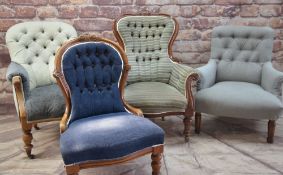 FOUR VICTORIAN BUTTON-UPHOLSTERED ARMCHAIRS, two in walnut with striped and navy upholstery, third